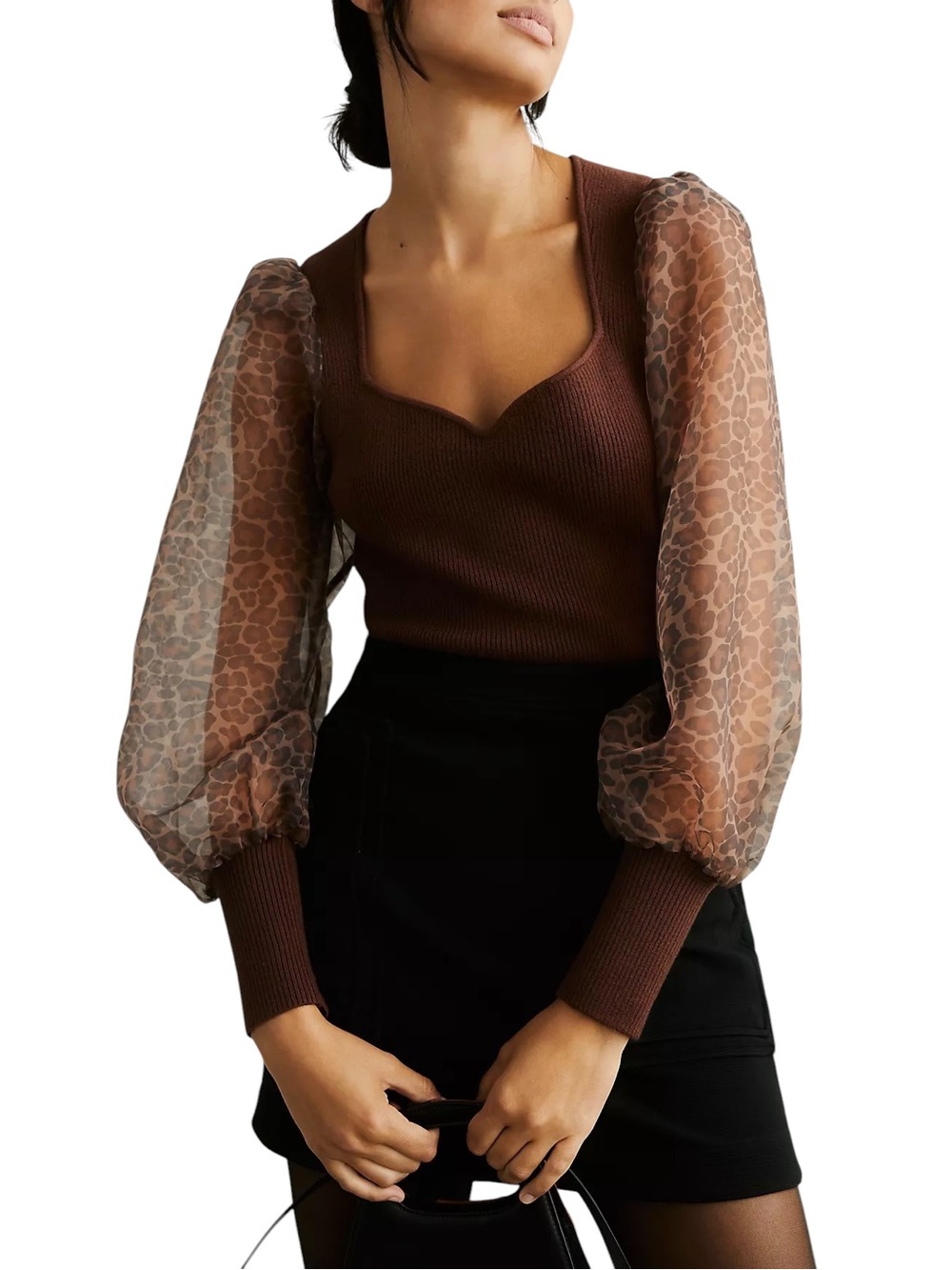Anthropologie Dolan Puff-Sleeve Sweater Brown Leopard Print Sleeve Sz XS NWT
